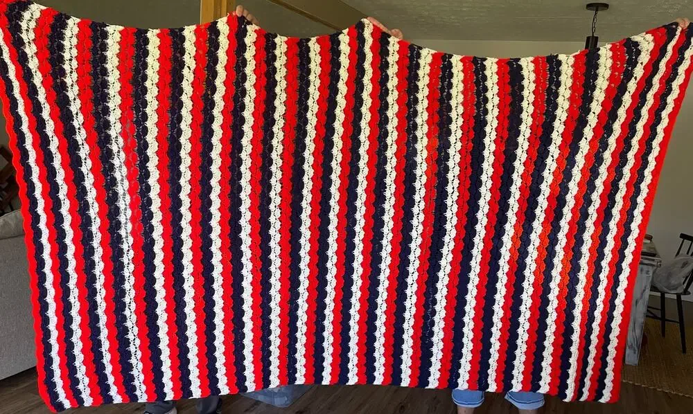 Red White & Blue Crocheted Blanket Afghan Approx 8’x4’ Patriotic 4th of July